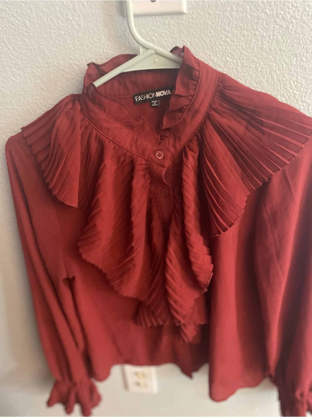 Fashion Nova Burnt Red Pleated Ruffle Button-Down Blouse